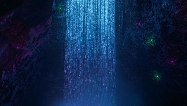 Futuristic Binary Code Waterfall with Luminous Rock Walls