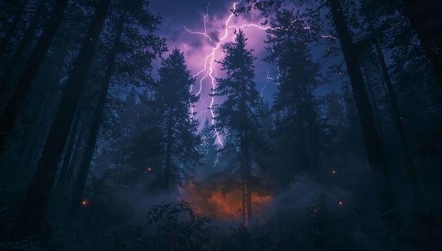 Dramatic Lightning Storm in Pine Forest at Night