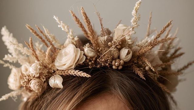 Boho dried flower crown closeup on hair romantic neutral bridal headpiece