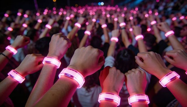 Crowd Raising Fists Wearing Syncing Pink LED Wristbands at Nighttime Music Festival