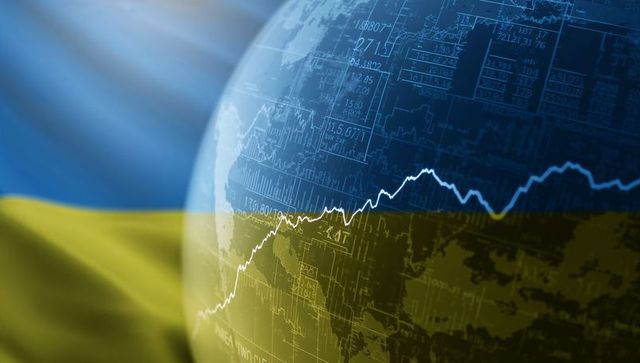 Ukrainian Flag with Globe and Financial Chart Overlay