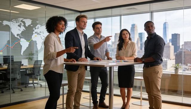 Multicultural executive team collaborating and pointing at data charts in glass office
