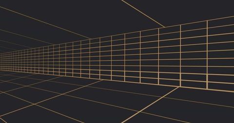 Amber wireframe corridor receding toward vanishing point on charcoal grid