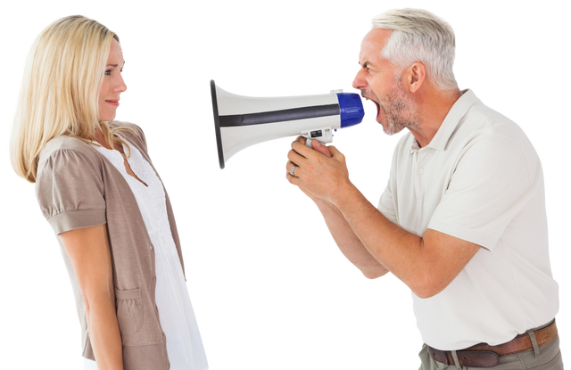 Angry Man Shouting at Woman through Megaphone Transparent Background - Download Free Stock Videos Pikwizard.com