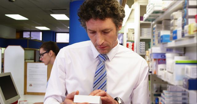 Portrait of pharmacist checking a medicine in pharmacy 4k