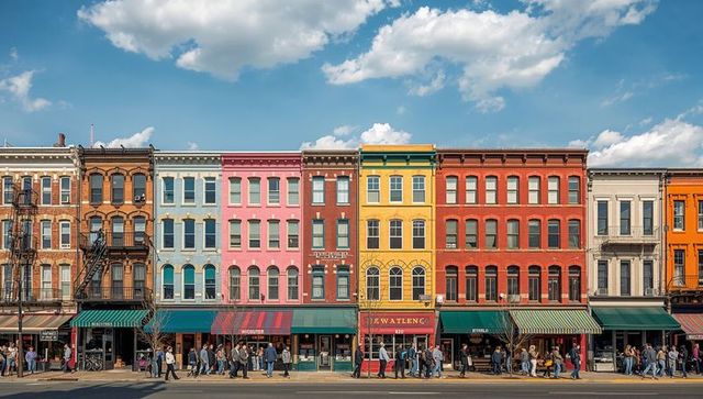 Colorful historic storefronts lining bustling urban main street with pedestrians and bicycle