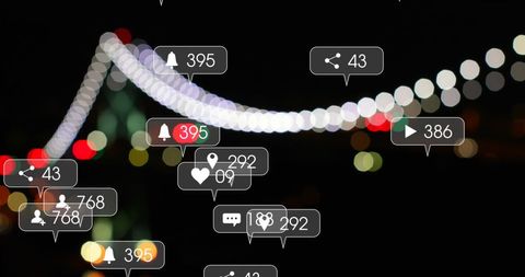 social media engagement icons over blurred city lights - Download Free Stock Images Pikwizard.com
