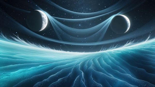 Surreal cosmic seascape with cyan waves and dual spheres