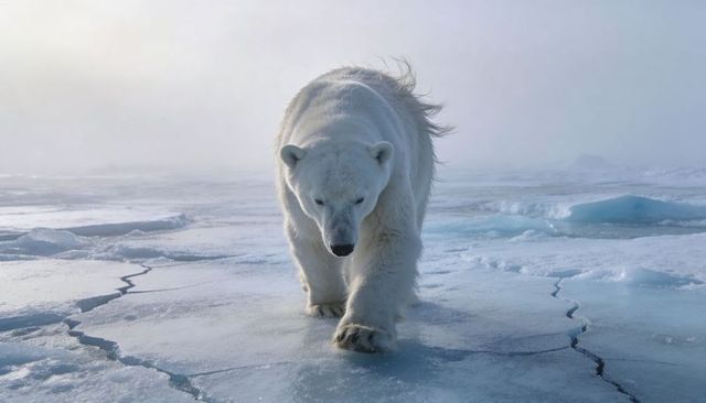 Polar bear walking across cracked arctic sea ice with meltwater pools and low mist