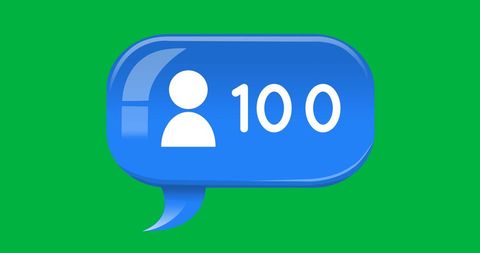 100 follower celebration icon in blue chat bubble on green
