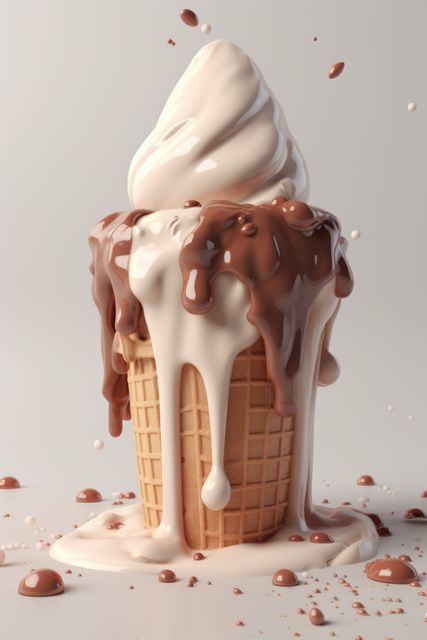 Soft-serve vanilla and chocolate ice cream cone melting and dripping. Great for illustrating indulgence, summer treats, and dessert advertisements. Ideal for social media posts, food blogs, and menu designs.
