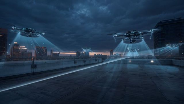 Hovering Quadcopter Drone Projecting Blue Searchlights Over Urban Rooftop at Dusk