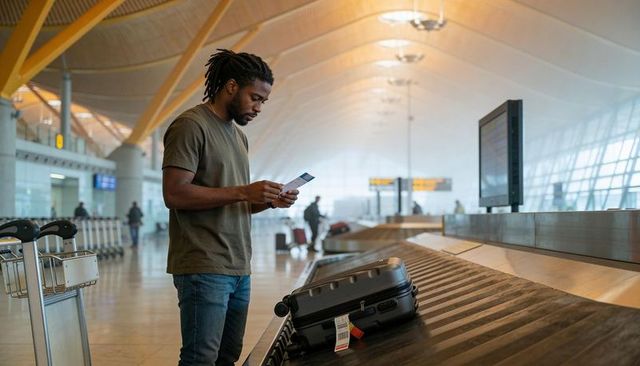 Man reading boarding pass at airport baggage claim carousel with tagged suitcase and trolley