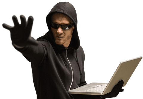 transparent hacker in hoodie with laptop gesturing warning - Download Free Stock Videos Pikwizard.com