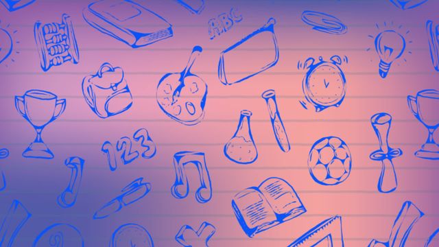 Animated school icons including books, pencils, clocks, and other learning elements against a black background representing back to school concept. Ideal for use in education-related promotions, digital interfaces, retail trade marketing materials, school intro videos, and back to school merchandising campaigns.