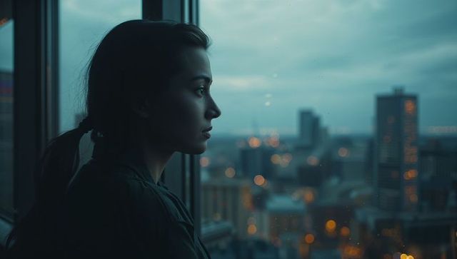 Contemplative woman gazing over cityscape at dusk