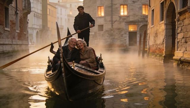 Gliding gondola carrying smiling senior couple through misty venetian canal sunrise glow