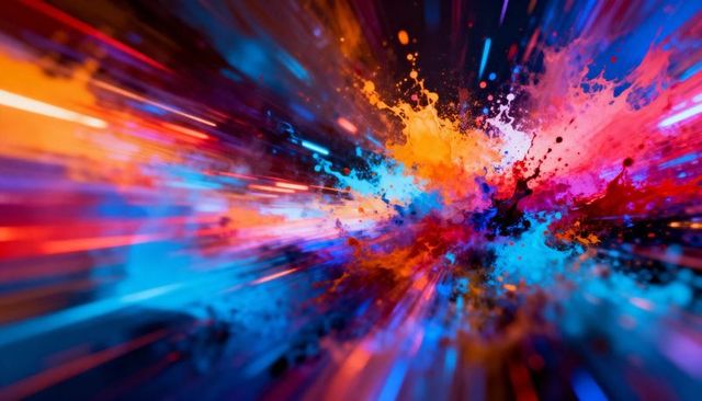 Exploding neon paint burst radiating vibrant radial streaks, iridescent powder clouds