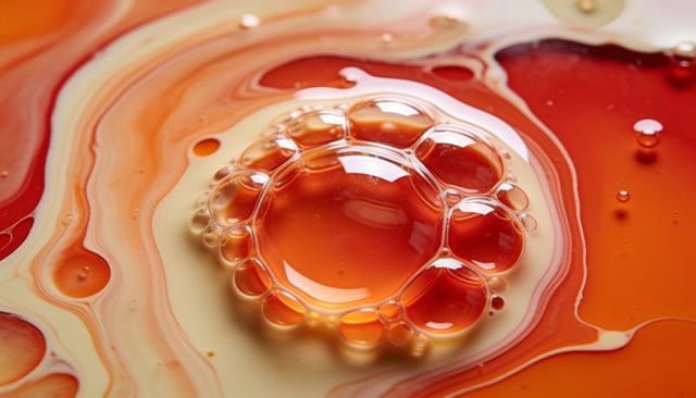 Glossy orange-red oil bubble ring forming on swirling viscous liquid abstract background