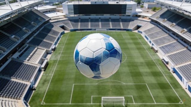 Blue-white soccer ball hovering over empty stadium pitch aerial perspective