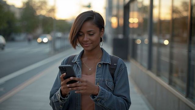 Young woman texting on smartphone while walking urban sidewalk at golden hour in denim jacket