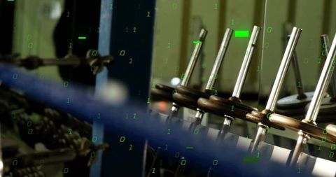 Industrial valve stems and collars with binary overlay showing manufacturing automation