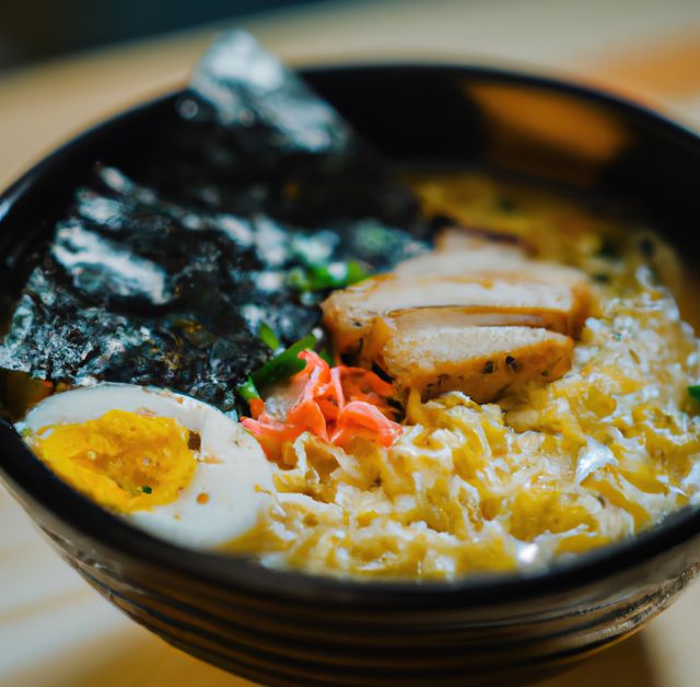 Close up of ramen in bowl on wooden background created using generative ai technology. Food and nutrition concept, digitally generated image.