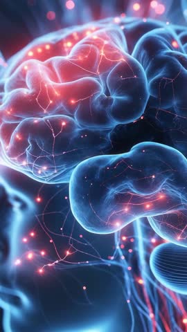 Rotating 3D Brain Model with Flickering Neural Pulses | Futuristic Neuroscience Vertical Video