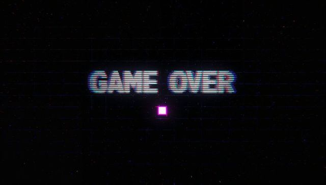 Glitching game over neon crt screen with scanlines, grid and magenta pixel retro arcade