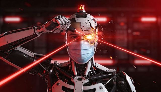 Cyborg surgeon operating cranial repair with red laser beams, mask-wearing android in lab
