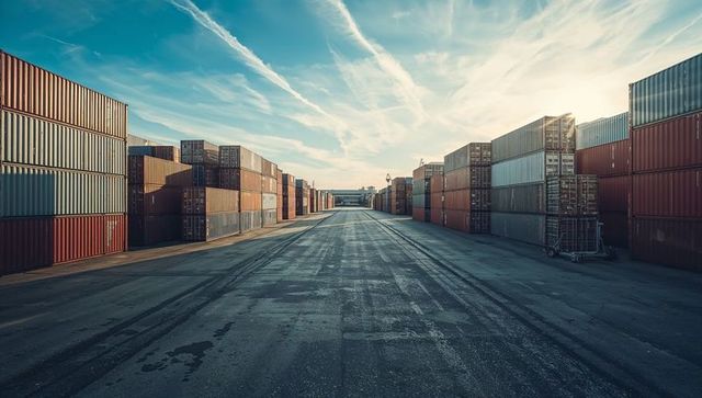 Empty container terminal lane leading to horizon with stacked shipping containers at sunset
