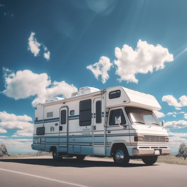 This image shows a classic RV parked on an open road under a bright blue sky filled with scattered clouds. The scene evokes feelings of travel, adventure, and freedom, making it ideal for promoting travel destinations, adventure tours, road trip planning resources, or RV rentals. It can also be used in advertisements related to outdoor living, summer vacations, and exploration themes.