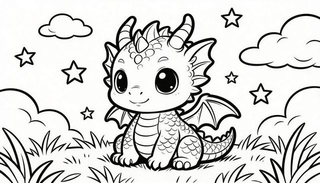 Cute baby dragon sitting on meadow with big eyes line art coloring page for kids printable