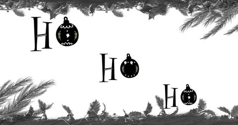 festive graphic featuring the word 'ho' nestled within a winter foliage border, perfect for christmas greetings and holiday marketing materials. traditional yet modern design complements seasonal themes, allowing for customizable messages in the available copy space. ideal for social media posts, holiday cards, or festive advertisements.