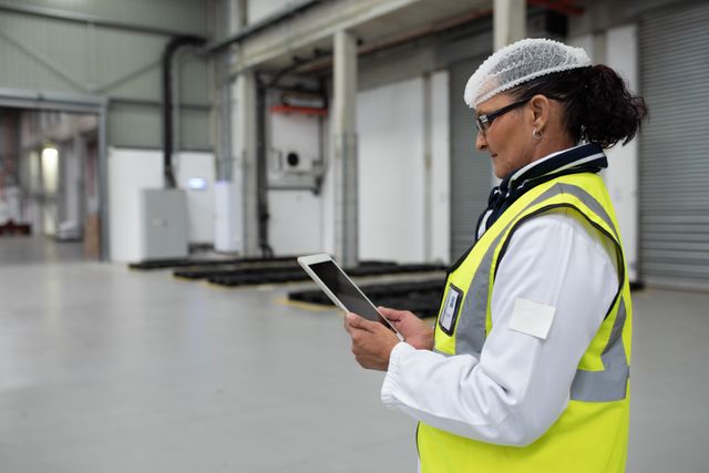 Side view of focused Caucasian female worker working in a factory warehouse, wearing hair net, glasses, lab coat and a high visibility vest, holding and using tablet computer