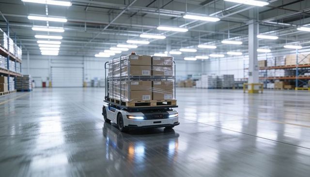Autonomous agv transporting pallet of shrink-wrapped boxes through modern warehouse