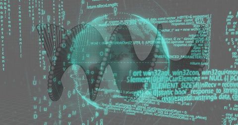 Holographic Neon Skull Surrounded by Cascading Code and Digital Globe