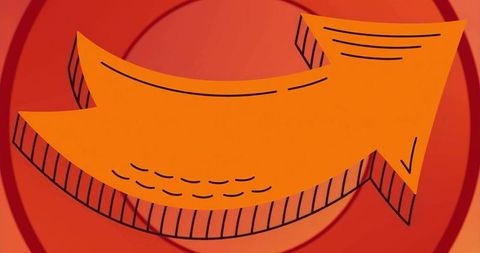 Curved orange arrow on red gradient background with concentric circles