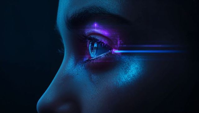 Futuristic Close-Up Eye Showing Neon Holographic Interface and Purple Eyeshadow