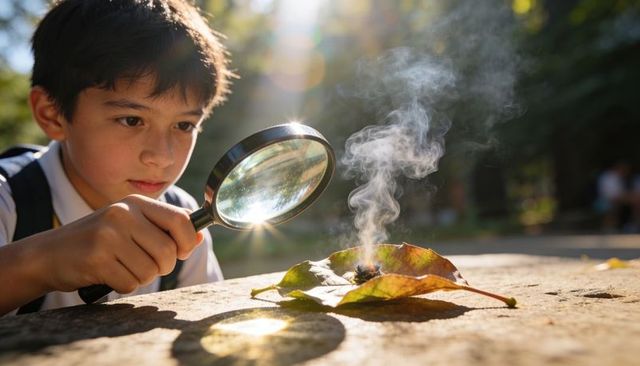 Young boy exploring fire-starting with magnifying glass on dry leaf in sunlit park