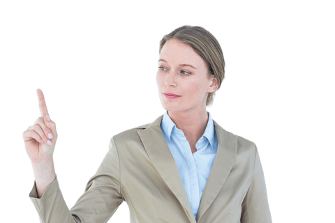 Confident Businesswoman Pointing Up with Transparency