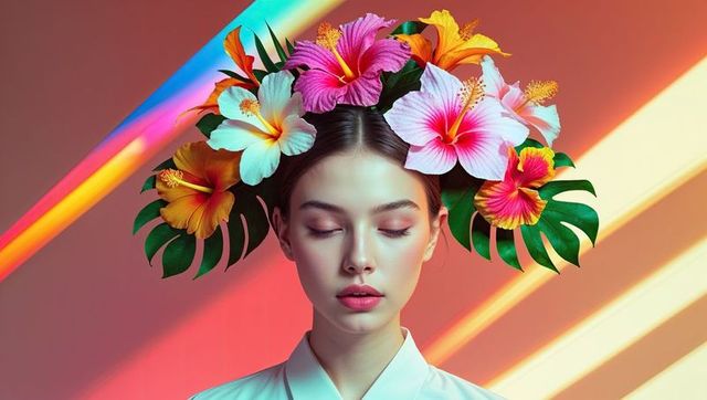 Elegant portrait of asian model with tropical hibiscus headpiece