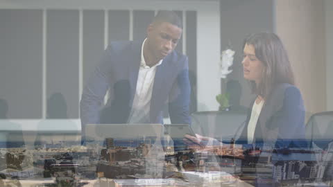 Collaborative Business Teamwork in Modern Office with Cityscape Overlay