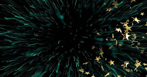 Flowing teal vortex radiating golden stars through neon particle tunnel and orb trails