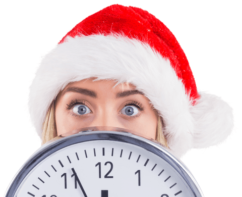 excited woman wearing santa hat peeking over clock showing time - Download Free Stock Videos Pikwizard.com