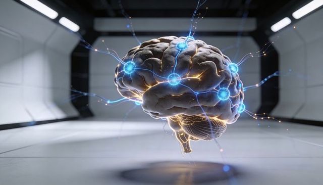 Levitating brain with glowing neural nodes and electric synapse connections