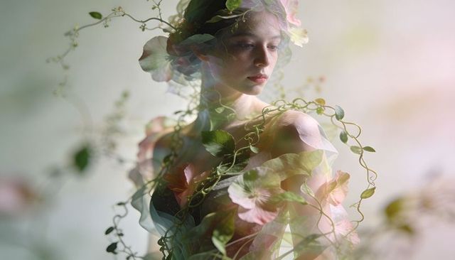 Ethereal floral muse entwined with vines, dreamy pastel portrait for beauty and nature