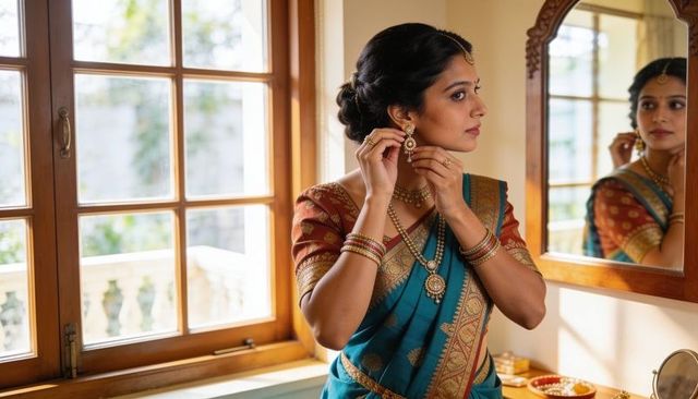 Indian woman adjusting gold earring dressing in teal saree and traditional jewelry by mirror