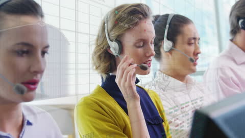 Customer Service Team Using Headsets with Financial Data Overlay