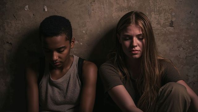 Sitting together and reflecting two young adults leaning against worn concrete wall